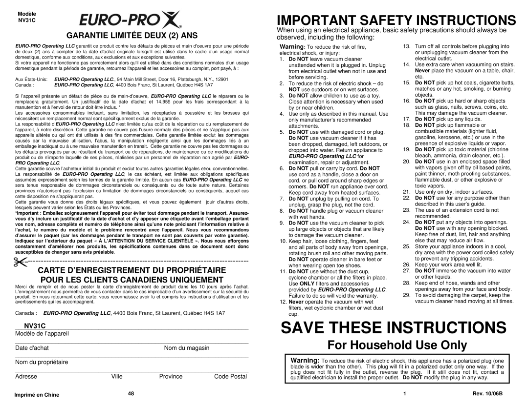 Infinity NV31C owner manual Important Safety Instructions 