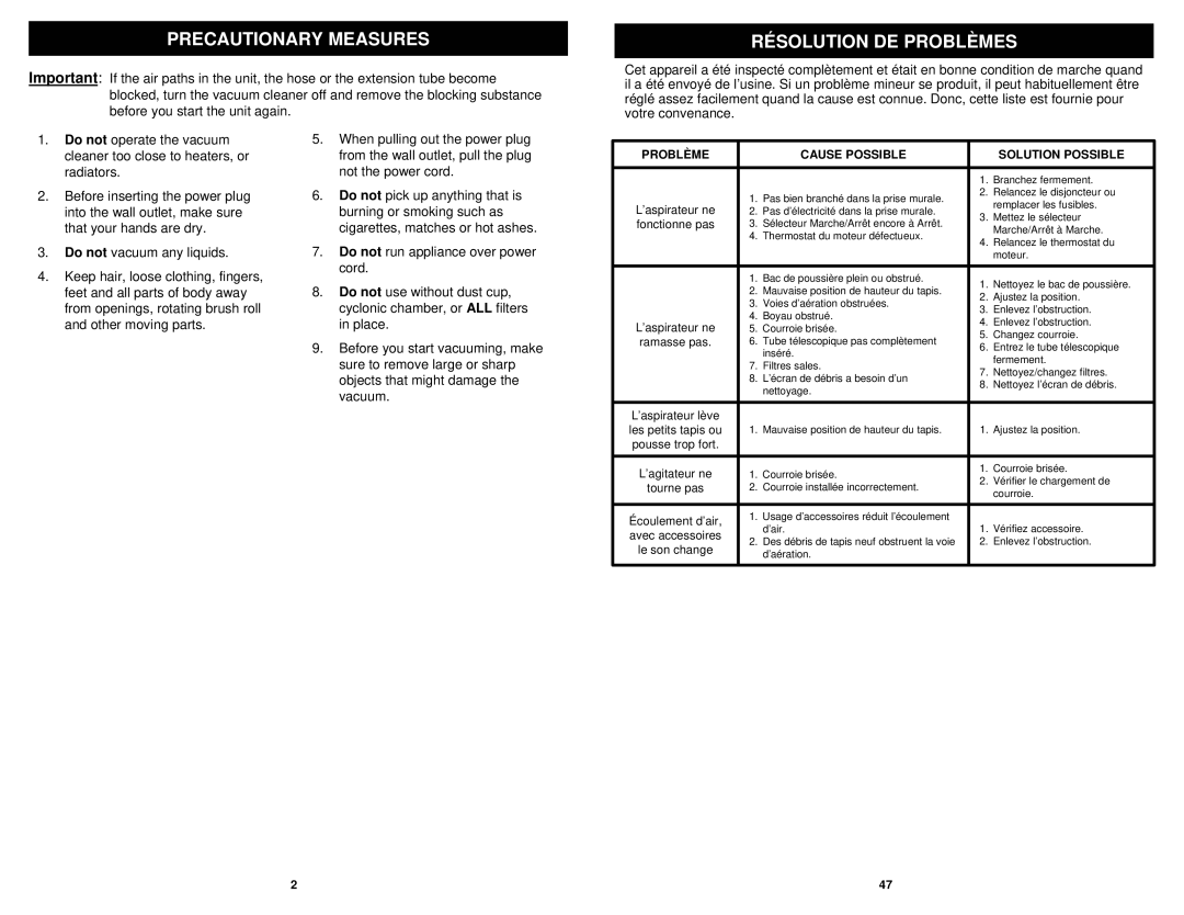 Infinity NV31C owner manual Precautionary Measures, Résolution DE Problèmes 