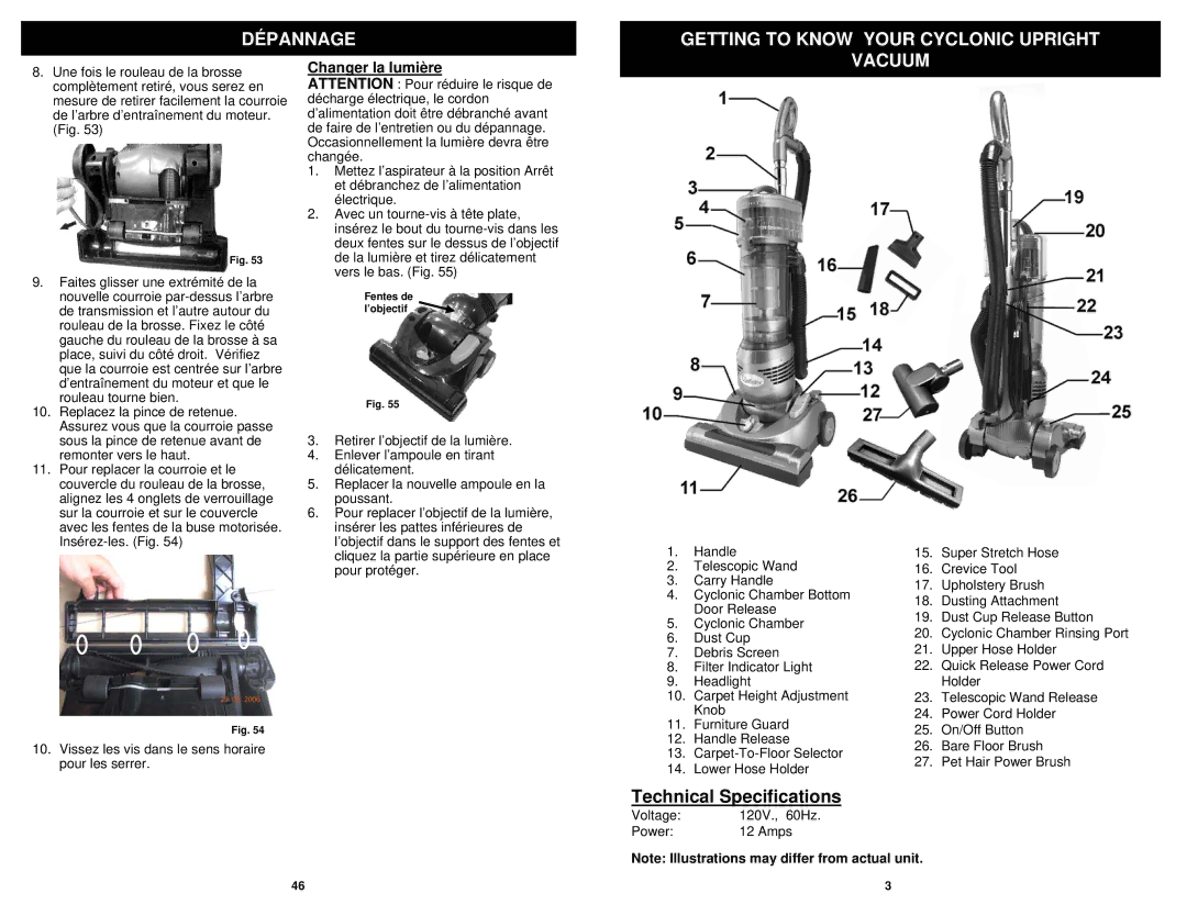 Infinity NV31C owner manual Dépannage Getting to Know Your Cyclonic Upright, Vacuum, Changer la lumière 