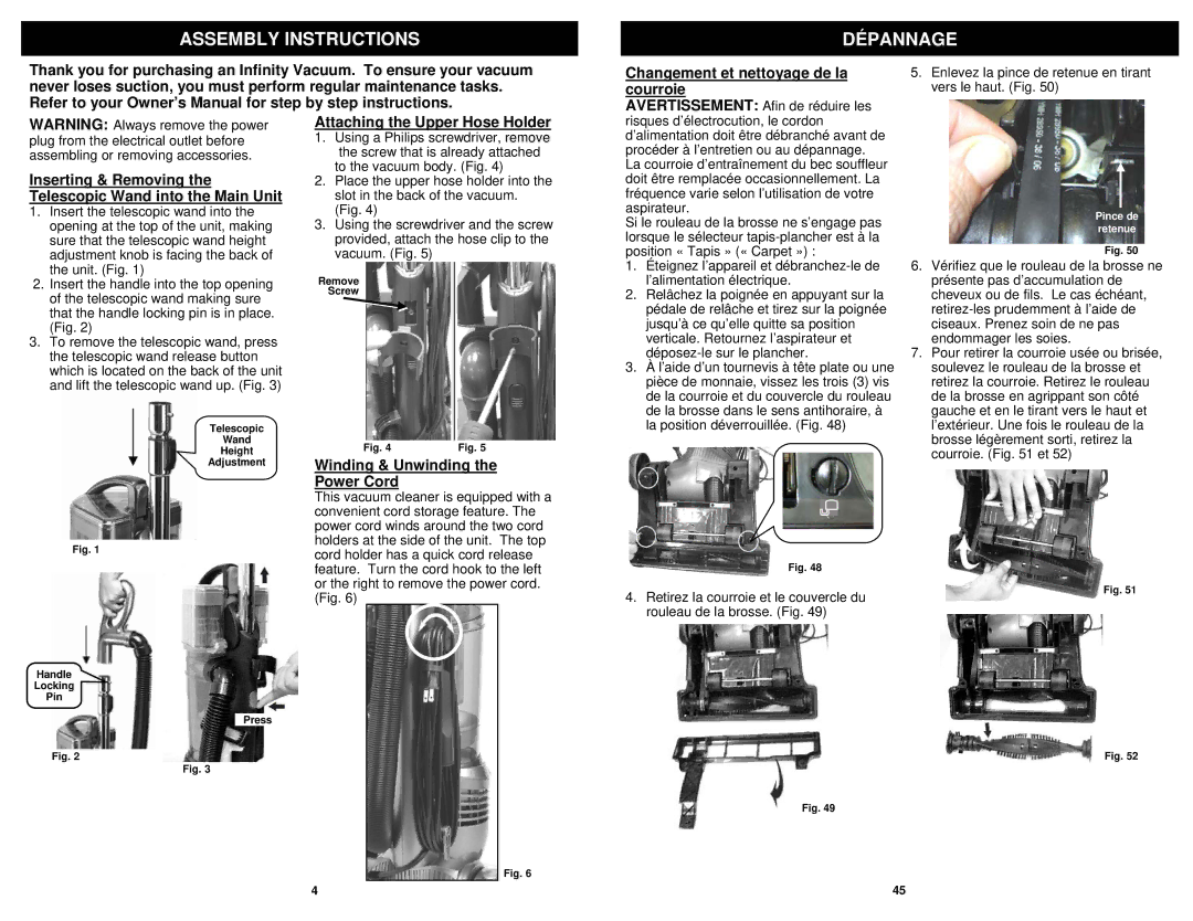 Infinity NV31C Assembly Instructions Dépannage, Changement et nettoyage de la courroie, Attaching the Upper Hose Holder 