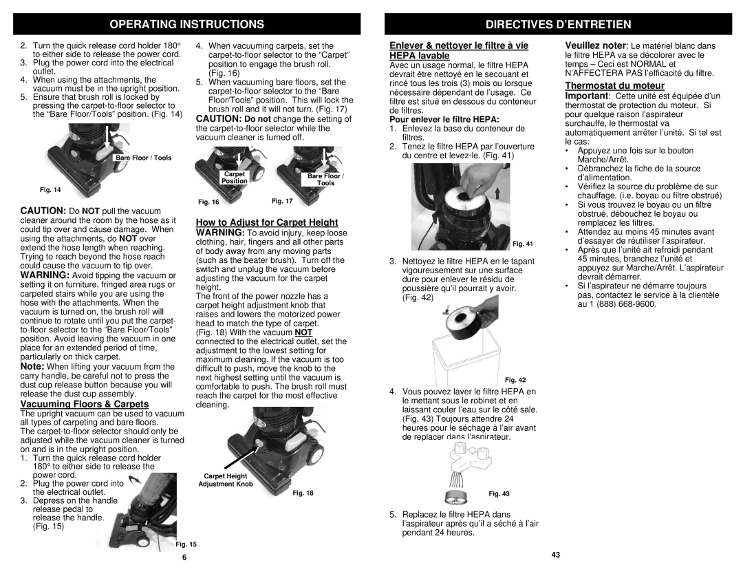 Infinity NV31C owner manual Operating Instructions Directives D’ENTRETIEN, Enlever & nettoyer le filtre à vie Hepa lavable 