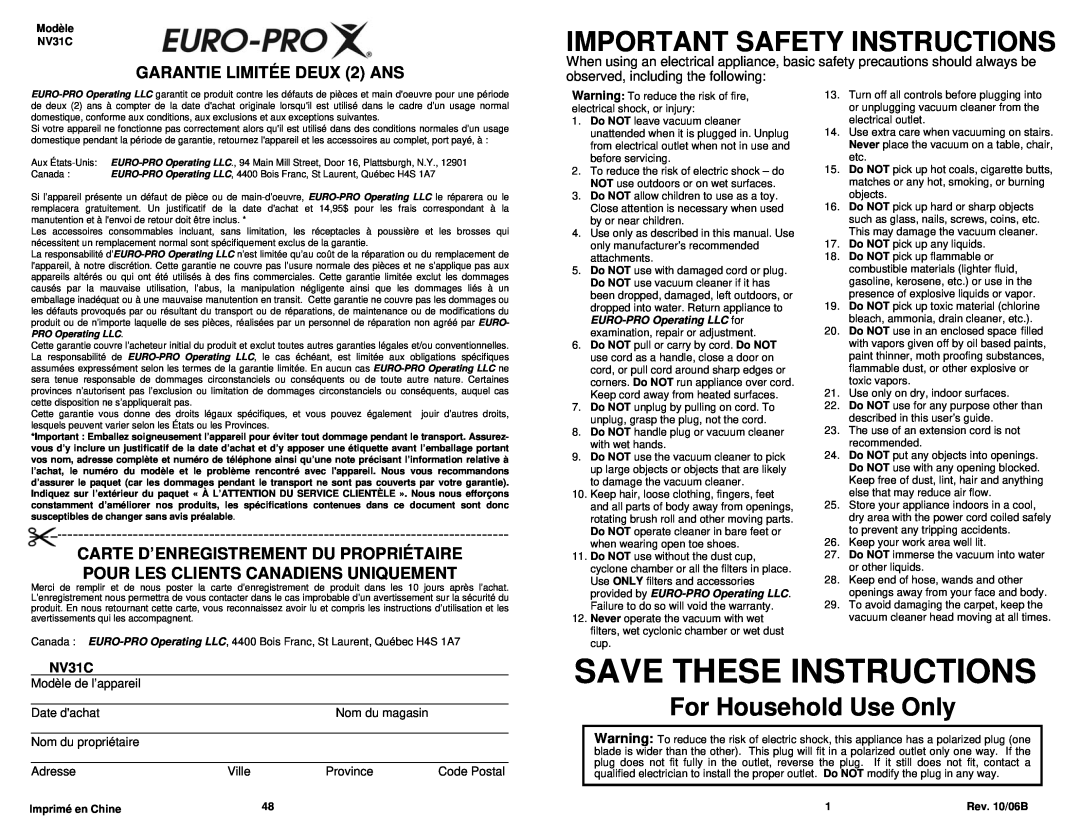 Infinity NV31C Important Safety Instructions, GARANTIE LIMITÉE DEUX 2 ANS, Save These Instructions, For Household Use Only 