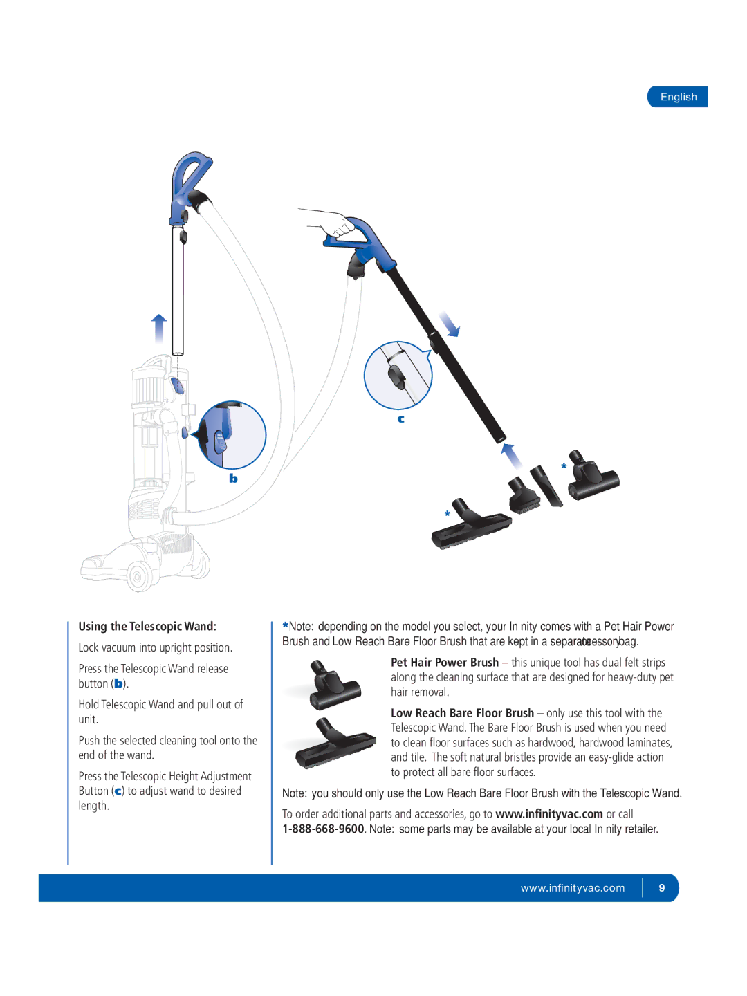 Infinity NV30CK, NV31K, NV31CK, NV28, NV30K, NV32 manual Using the Telescopic Wand 