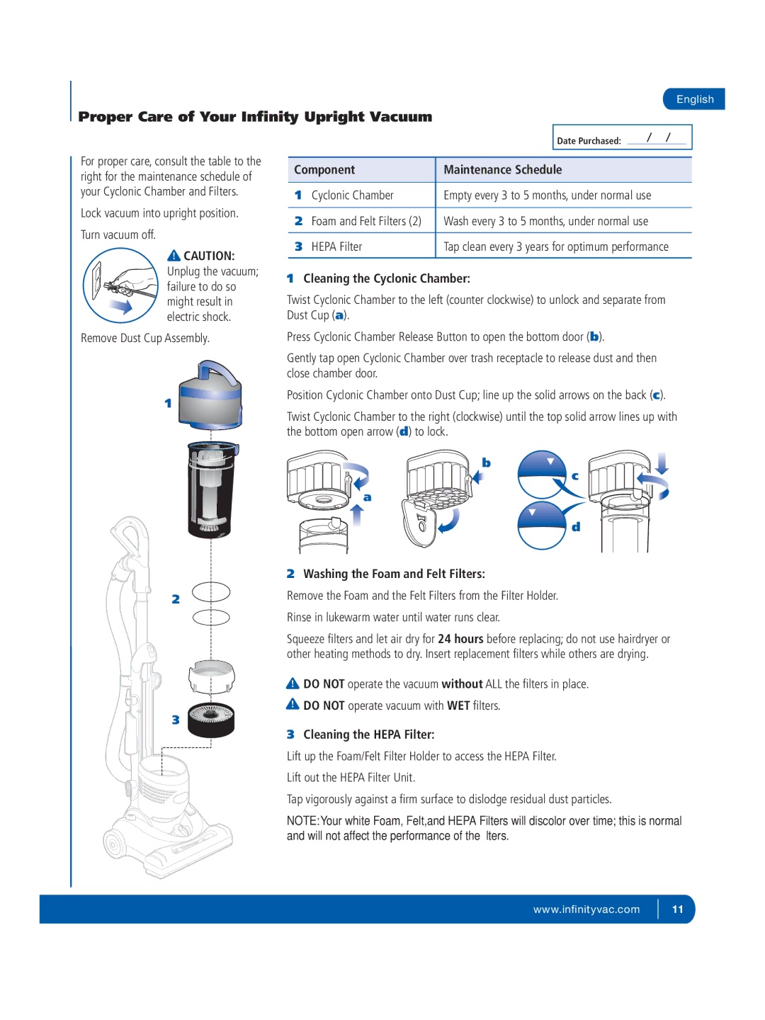 Infinity NV31K, NV31CK Component Maintenance Schedule, Cleaning the Cyclonic Chamber, Washing the Foam and Felt Filters 