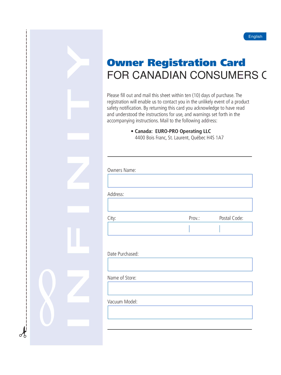 Infinity NV31K, NV31CK, NV28, NV30K, NV30CK, NV32 manual Owner Registration Card 