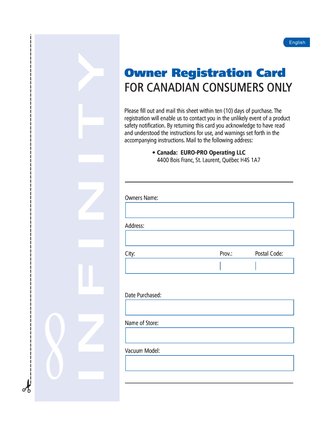 Infinity NV31K Owner Registration Card, For Canadian Consumers Only, Bois Franc, St. Laurent, Québec H4S 1A7, City, Prov 