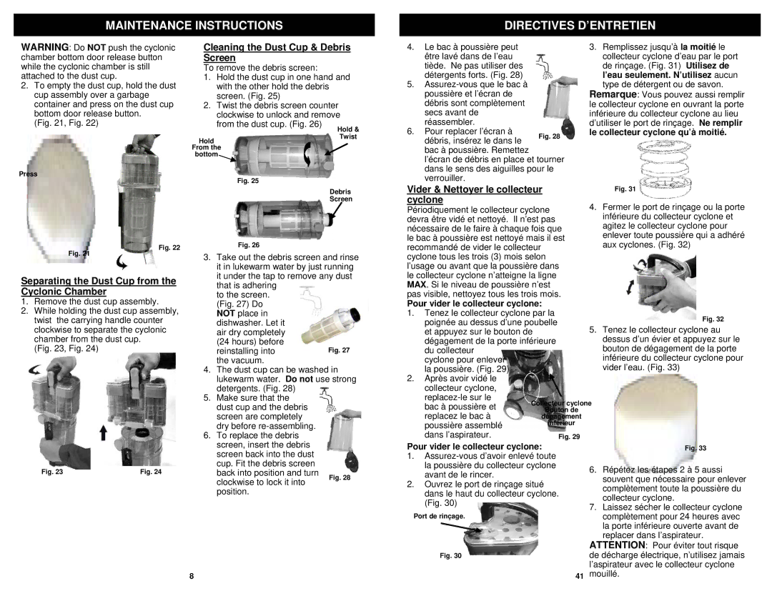 Infinity NV31N owner manual Maintenance Instructions Directives D’ENTRETIEN, Cleaning the Dust Cup & Debris Screen 