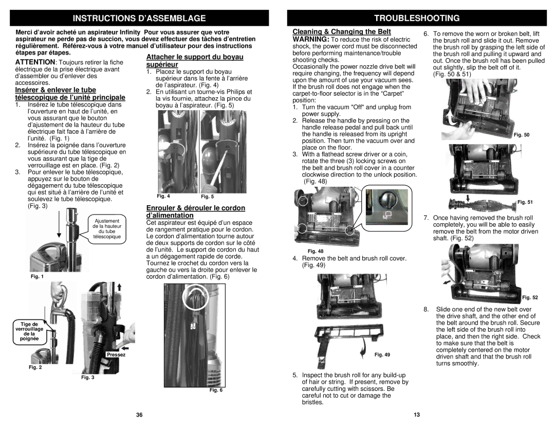 Infinity NV31N owner manual Instructions D’ASSEMBLAGE Troubleshooting, Enrouler & dérouler le cordon d’alimentation 