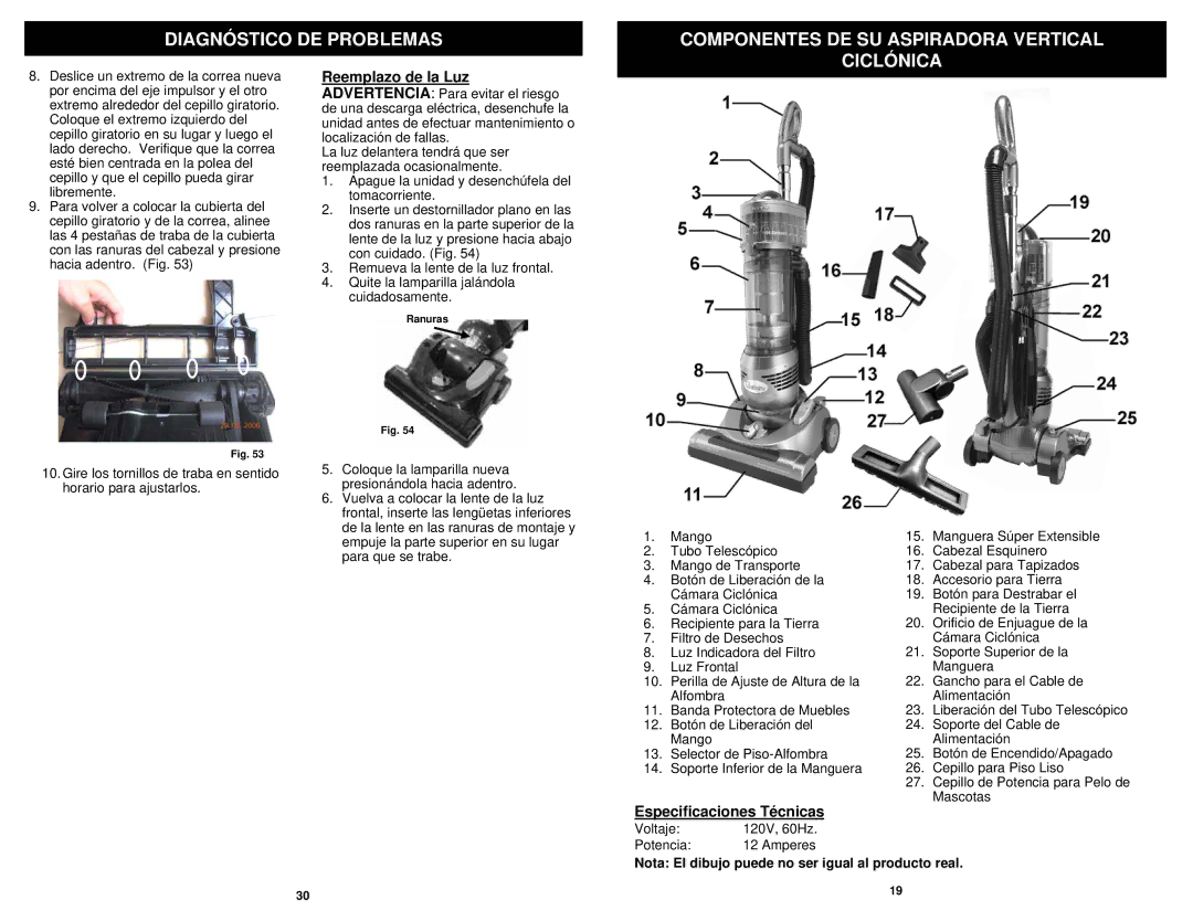 Infinity NV31N owner manual Especificaciones Técnicas, Nota El dibujo puede no ser igual al producto real 