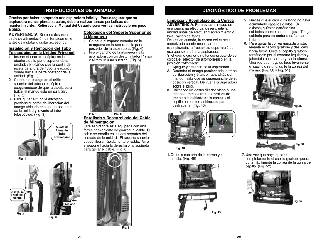 Infinity NV31N owner manual Instrucciones DE Armado Diagnóstico DE Problemas, Limpieza y Reemplazo de la Correa 