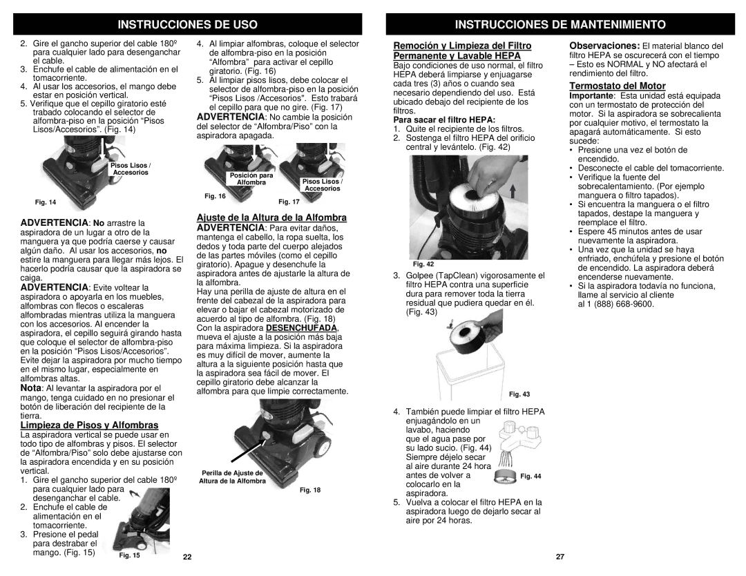 Infinity NV31N Instrucciones DE USO Instrucciones DE Mantenimiento, Termostato del Motor, Limpieza de Pisos y Alfombras 