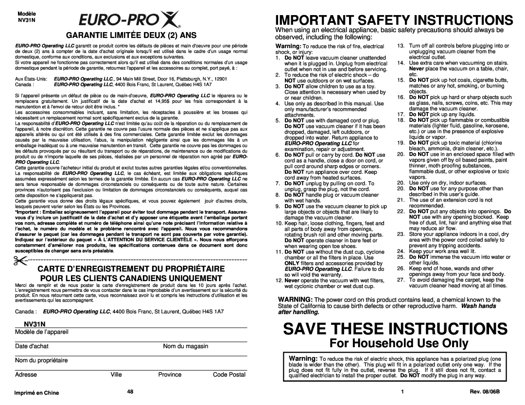 Infinity NV31N Important Safety Instructions, GARANTIE LIMITÉE DEUX 2 ANS, Save These Instructions, For Household Use Only 