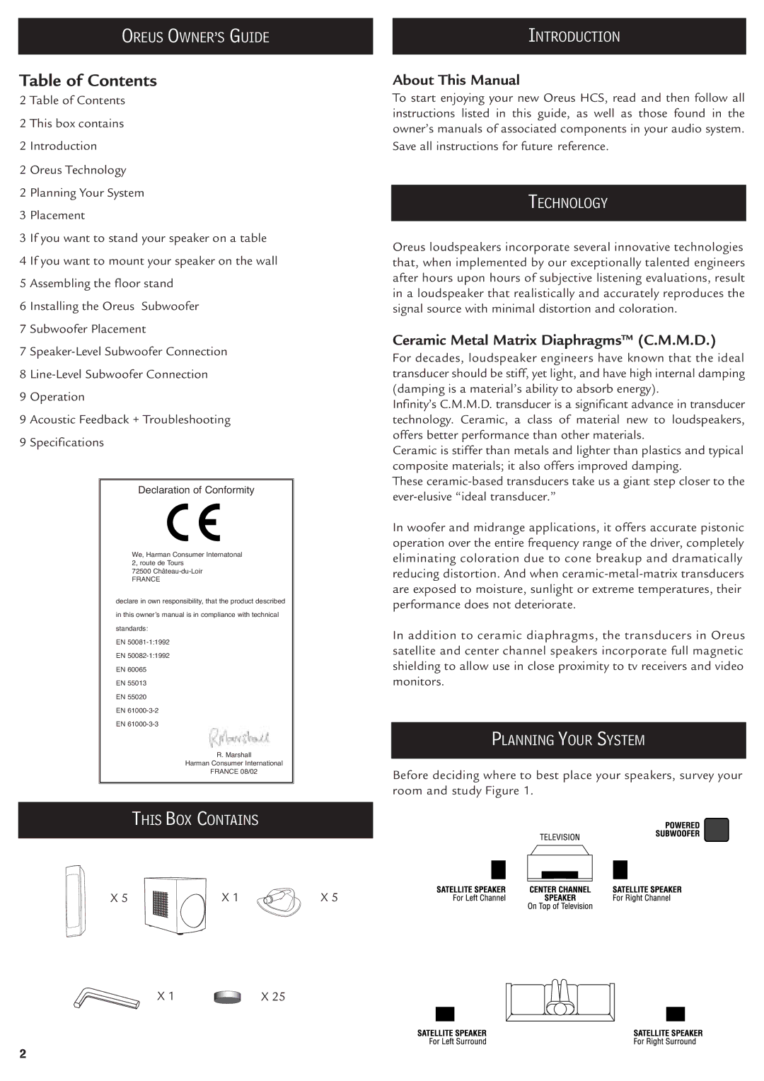 Infinity Oreus HCS manual Table of Contents 