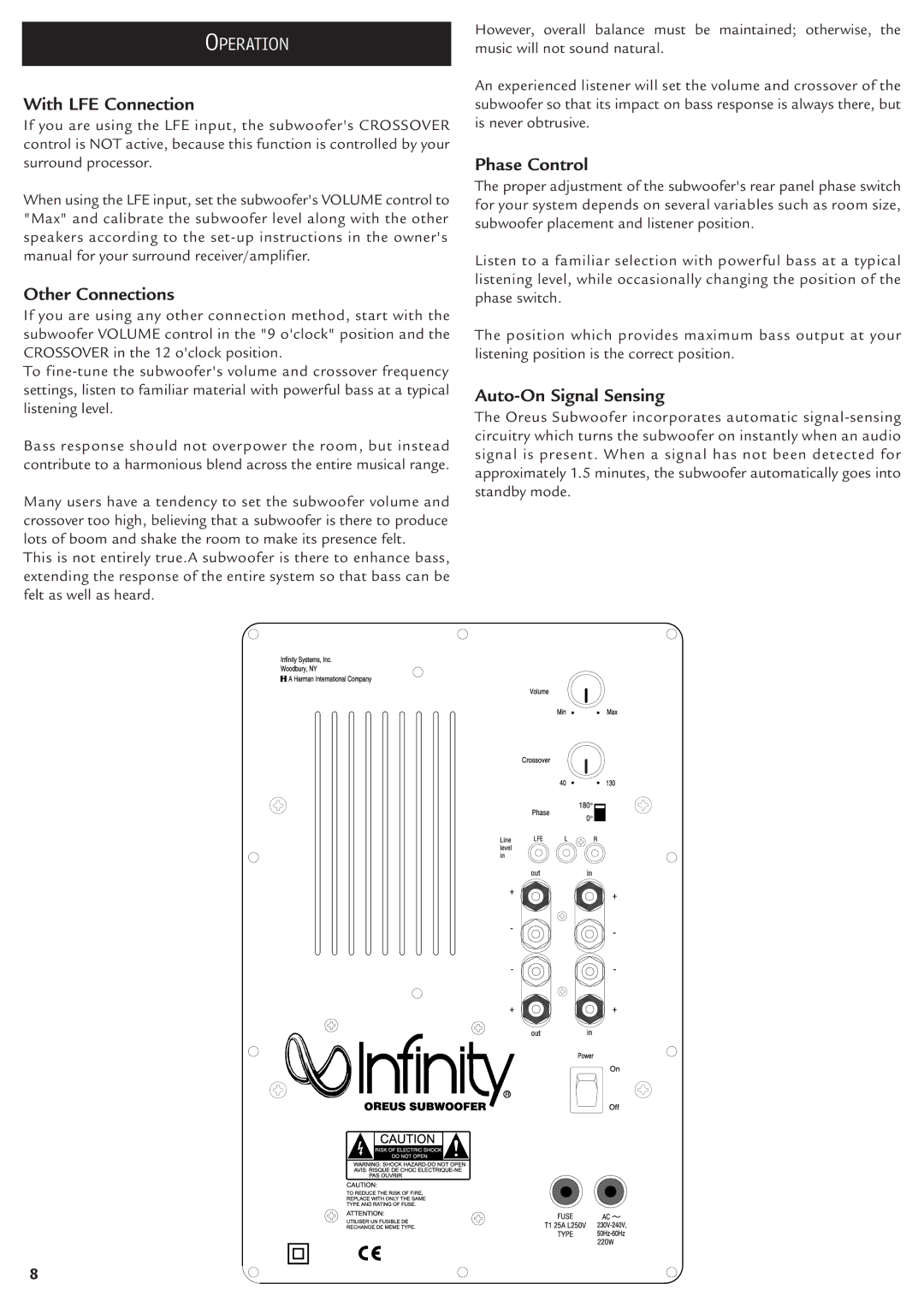 Infinity Oreus HCS manual Operation, With LFE Connection, Other Connections, Phase Control, Auto-On Signal Sensing 