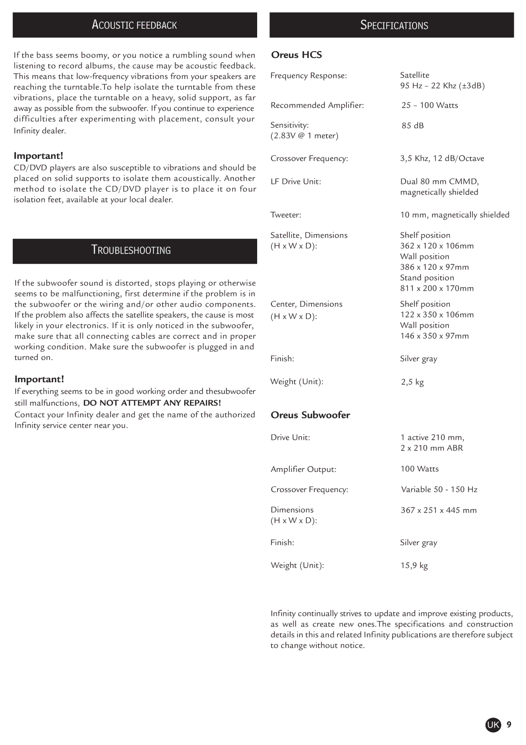 Infinity Oreus HCS manual Acoustic Feedback, Troubleshooting, Oreus Subwoofer 