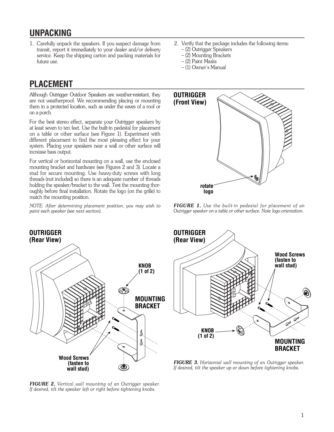 Infinity OUTDOOR SPEAKERS owner manual Unpacking, Placement 