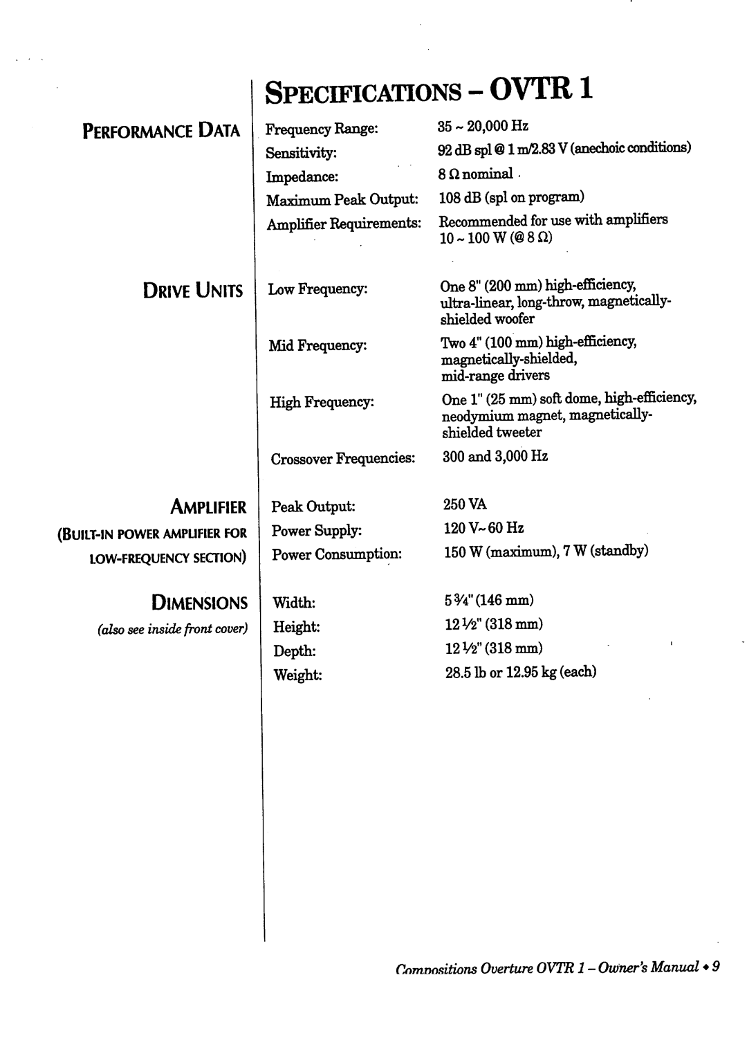 Infinity OVTR 1 owner manual Specifications Ovtr 