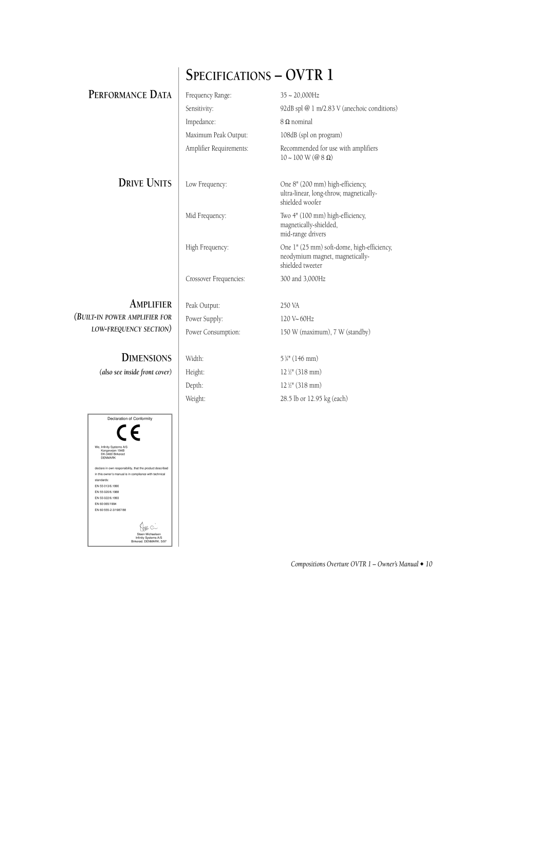 Infinity OVTR 1 owner manual Specifications Ovtr, Dimensions 