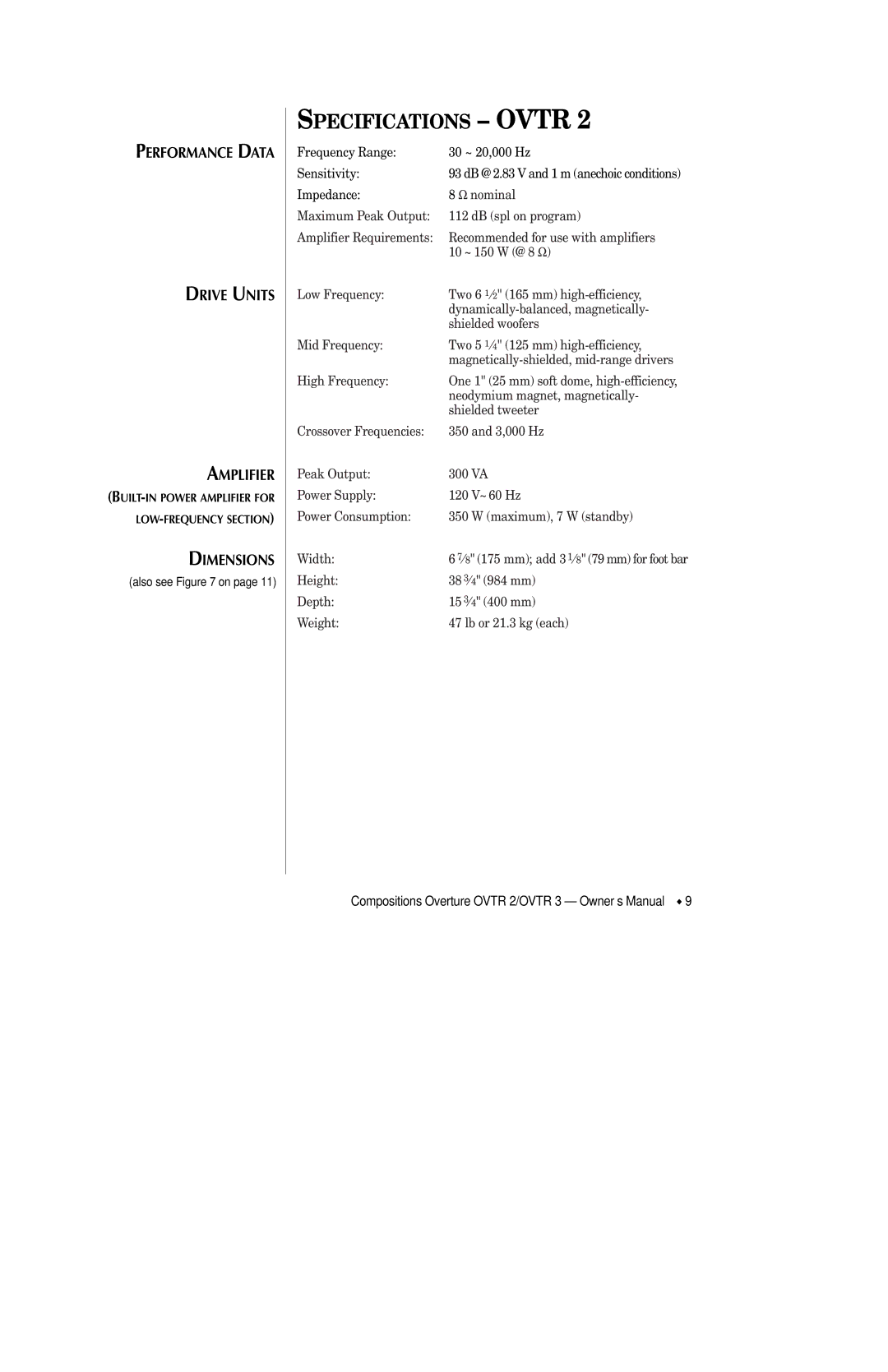 Infinity OVTR 3, OVTR 2 owner manual Specifications Ovtr 