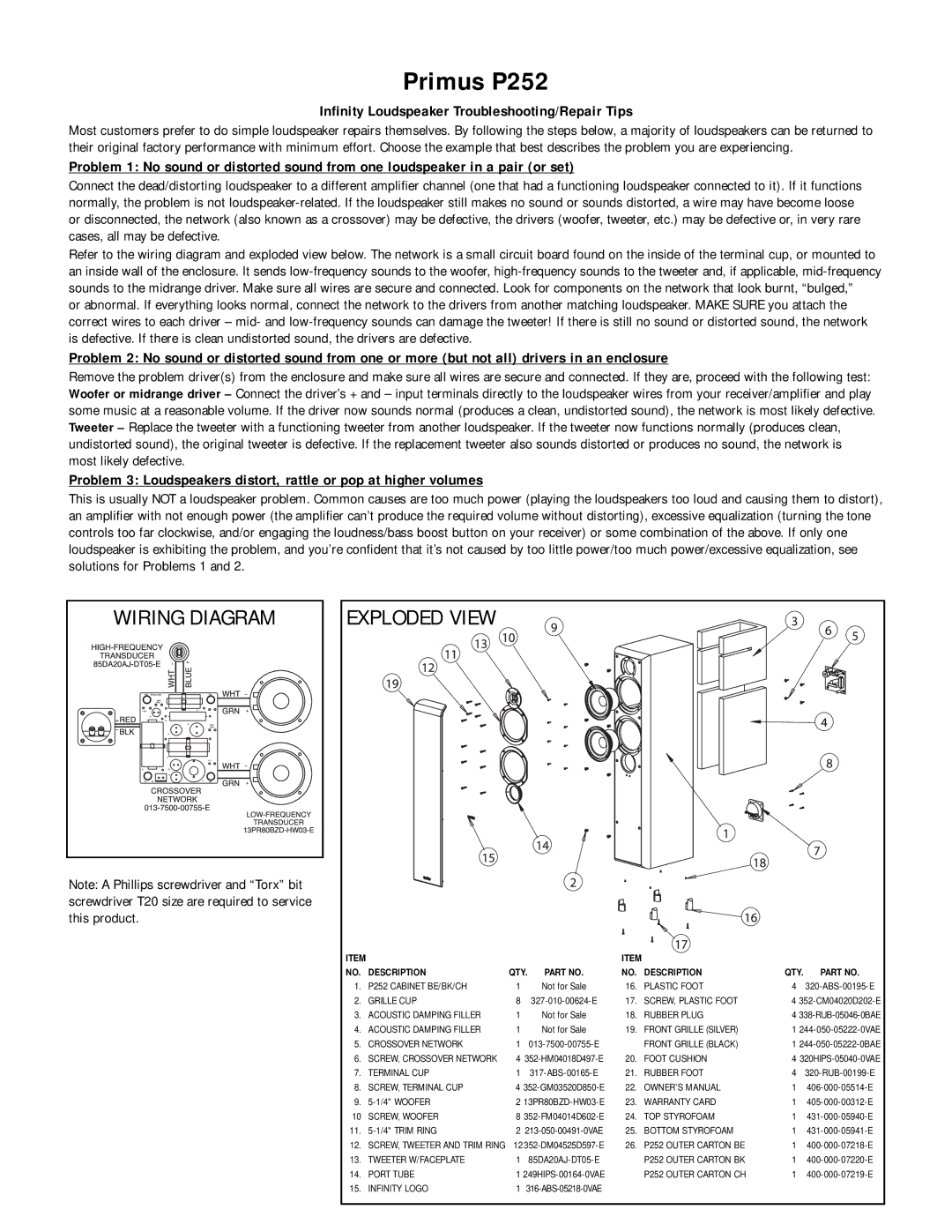 Infinity owner manual Primus P252, Exploded View, Infinity Loudspeaker Troubleshooting/Repair Tips 