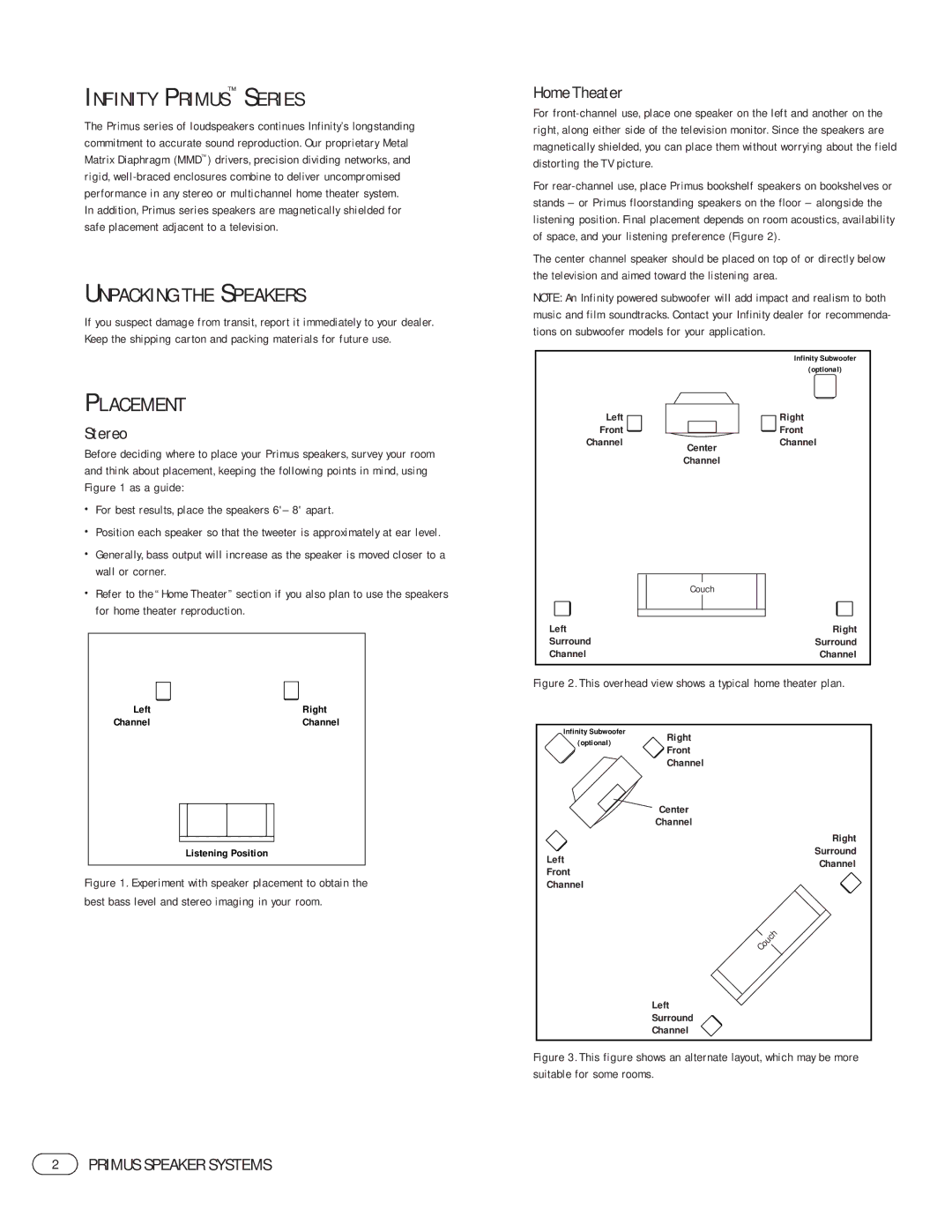 Infinity Primus 250, Primus 360, Primus C25 Infinity Primus Series, Unpacking the Speakers, Placement, Stereo, Home Theater 