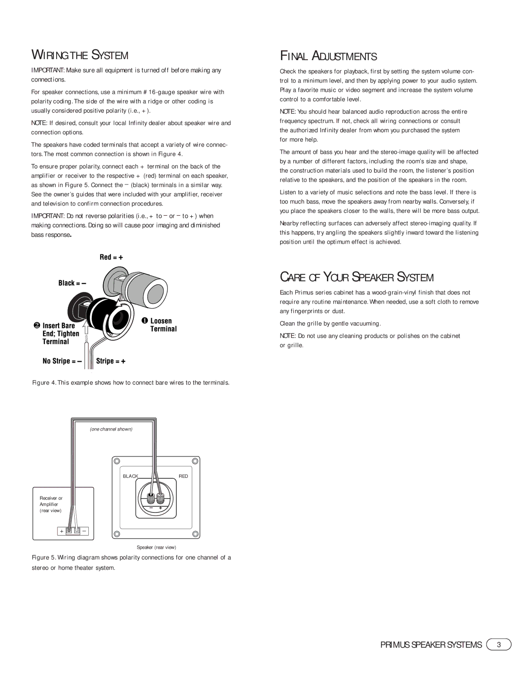 Infinity Primus 360, Primus C25, Primus 250 manual Wiring the System, Final Adjustments, Care of Your Speaker System 