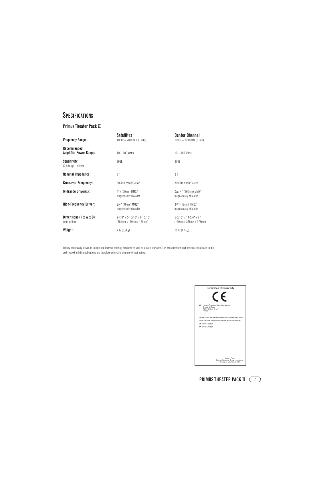 Infinity Primus Series manual Specifications, Primus Theater Pack, Satellites Center Channel 