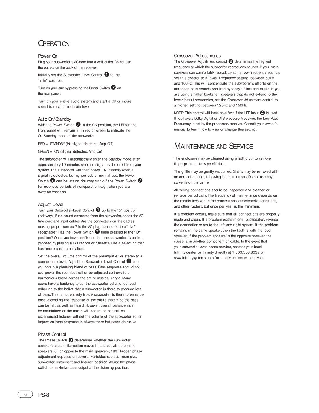 Infinity PS-8 manual Operation, Maintenance and Service 