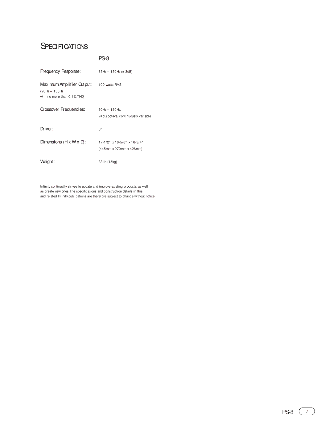 Infinity PS-8 manual Specifications, Dimensions H x W x D 