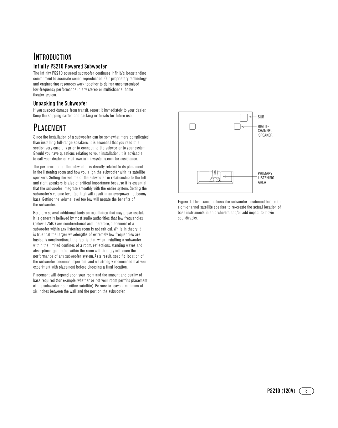 Infinity manual Introduction, Placement, Infinity PS210 Powered Subwoofer, Unpacking the Subwoofer 