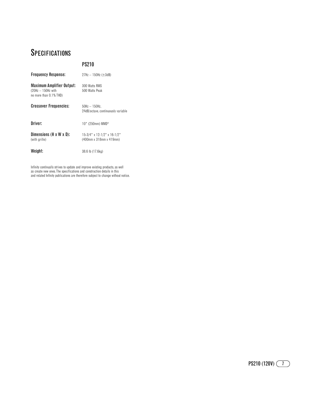 Infinity PS210 manual Specifications, Maximum Amplifier Output 