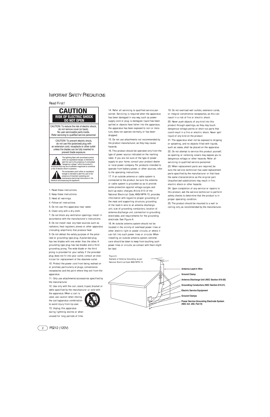 Infinity PS212 manual Read First, Unplug this apparatus, When replacement parts are required, be 