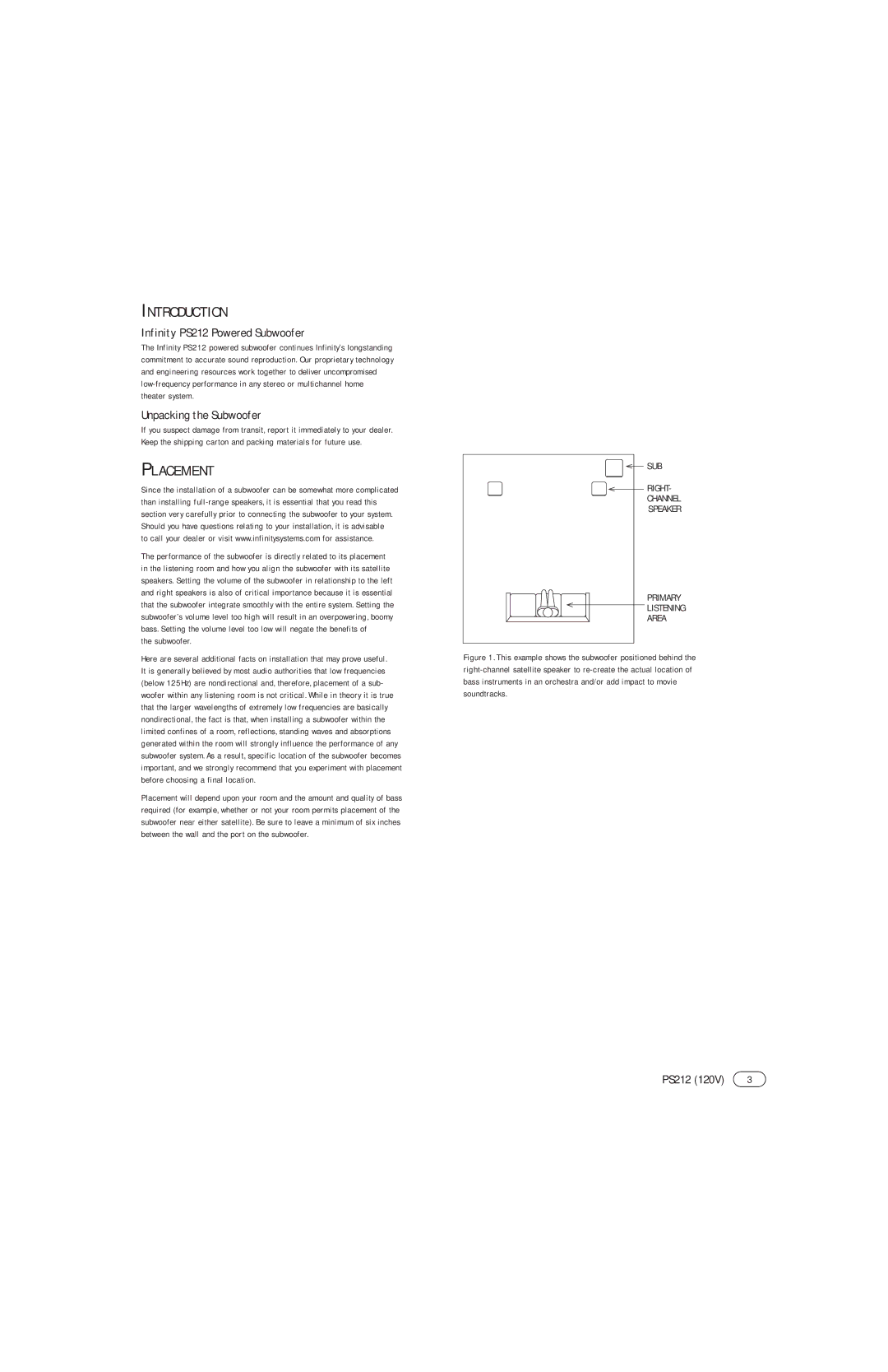 Infinity manual Introduction, Placement, Infinity PS212 Powered Subwoofer, Unpacking the Subwoofer 