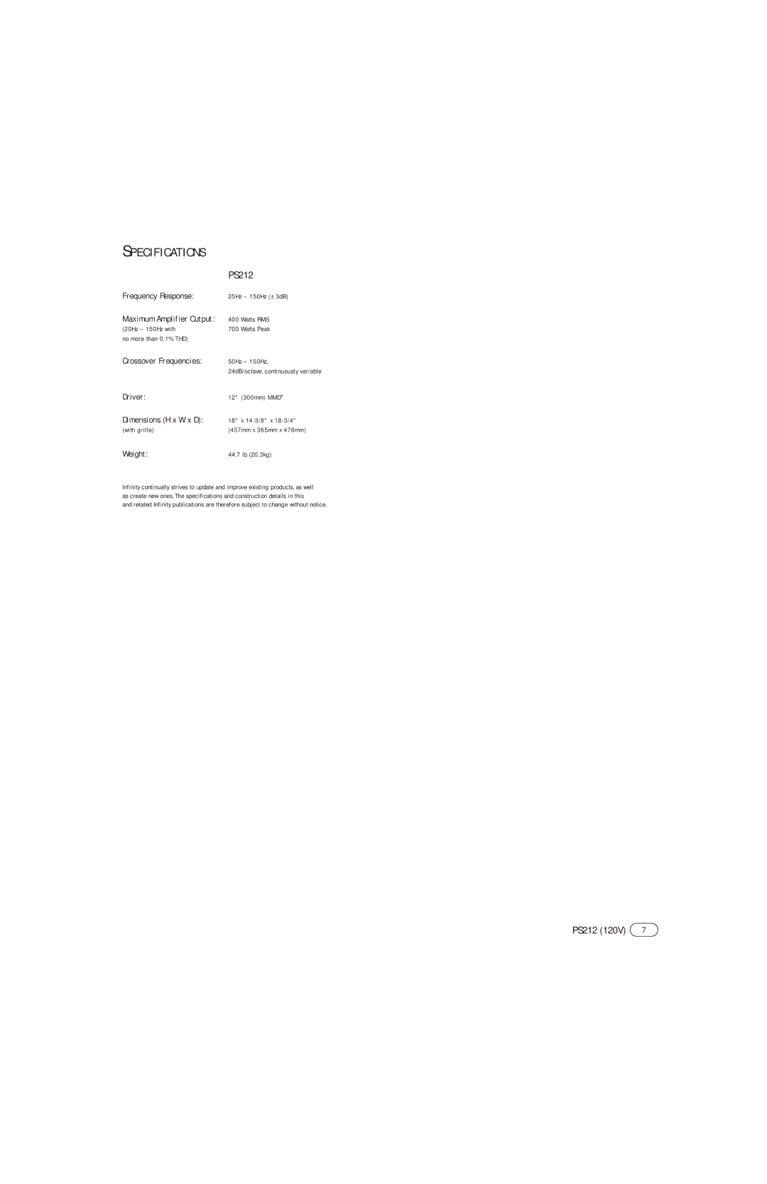 Infinity PS212 manual Specifications, Maximum Amplifier Output 