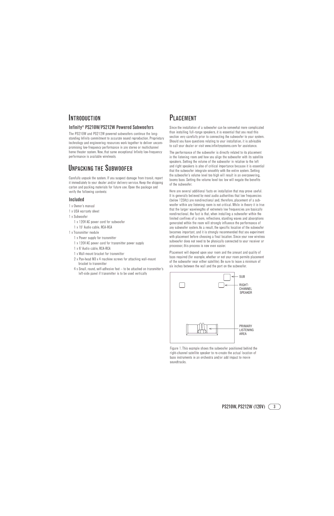 Infinity manual Introduction, Unpacking the Subwoofer, Placement, Included, Infinity PS210W/PS212W Powered Subwoofers 