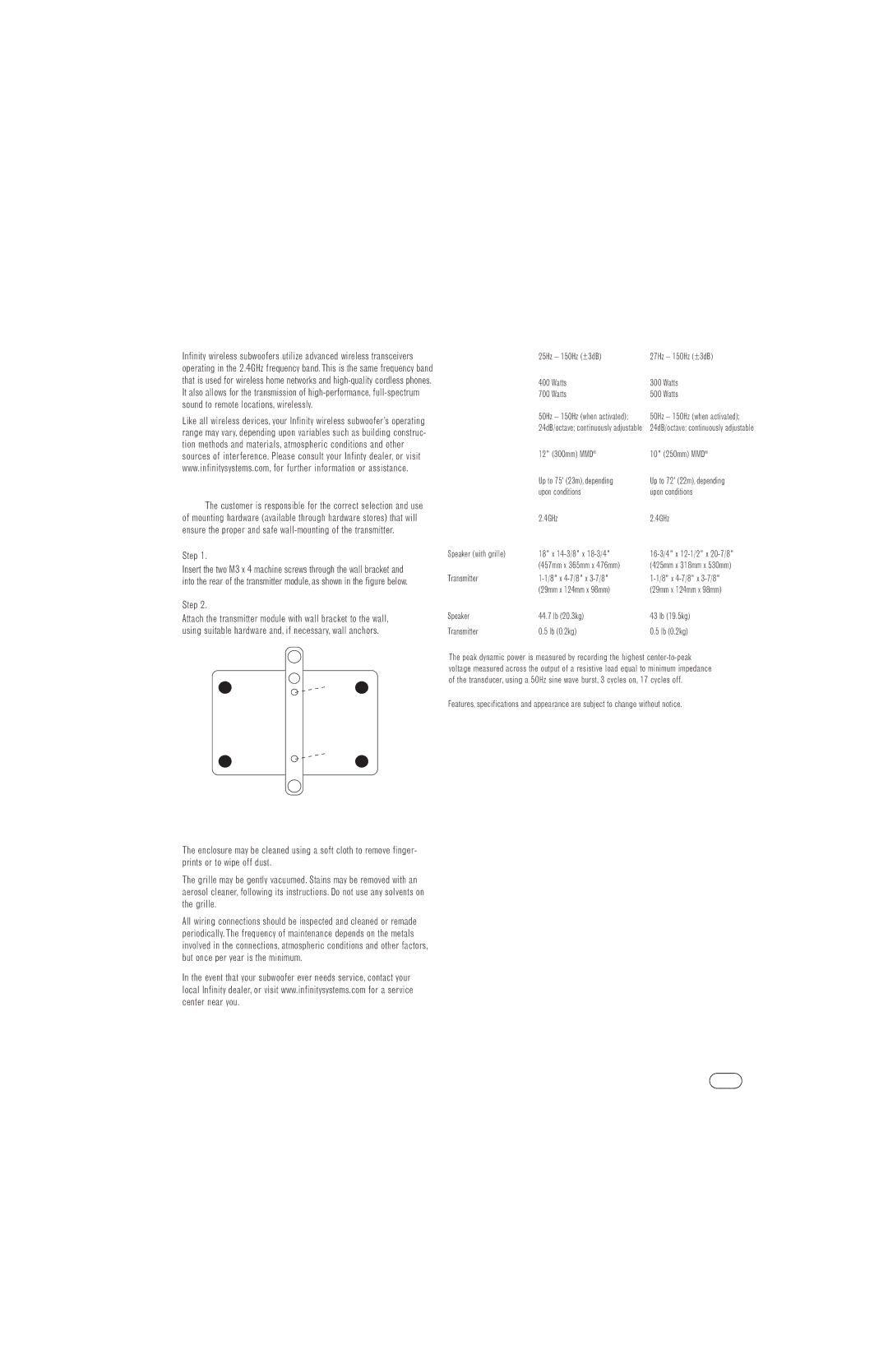 Infinity manual Specifications, Maintenance and Service, Word About Wireless Products, PS212W PS210W 