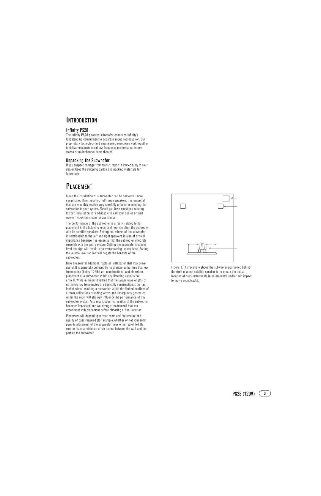 Infinity manual Introduction, Placement, Infinity PS28, Unpacking the Subwoofer 