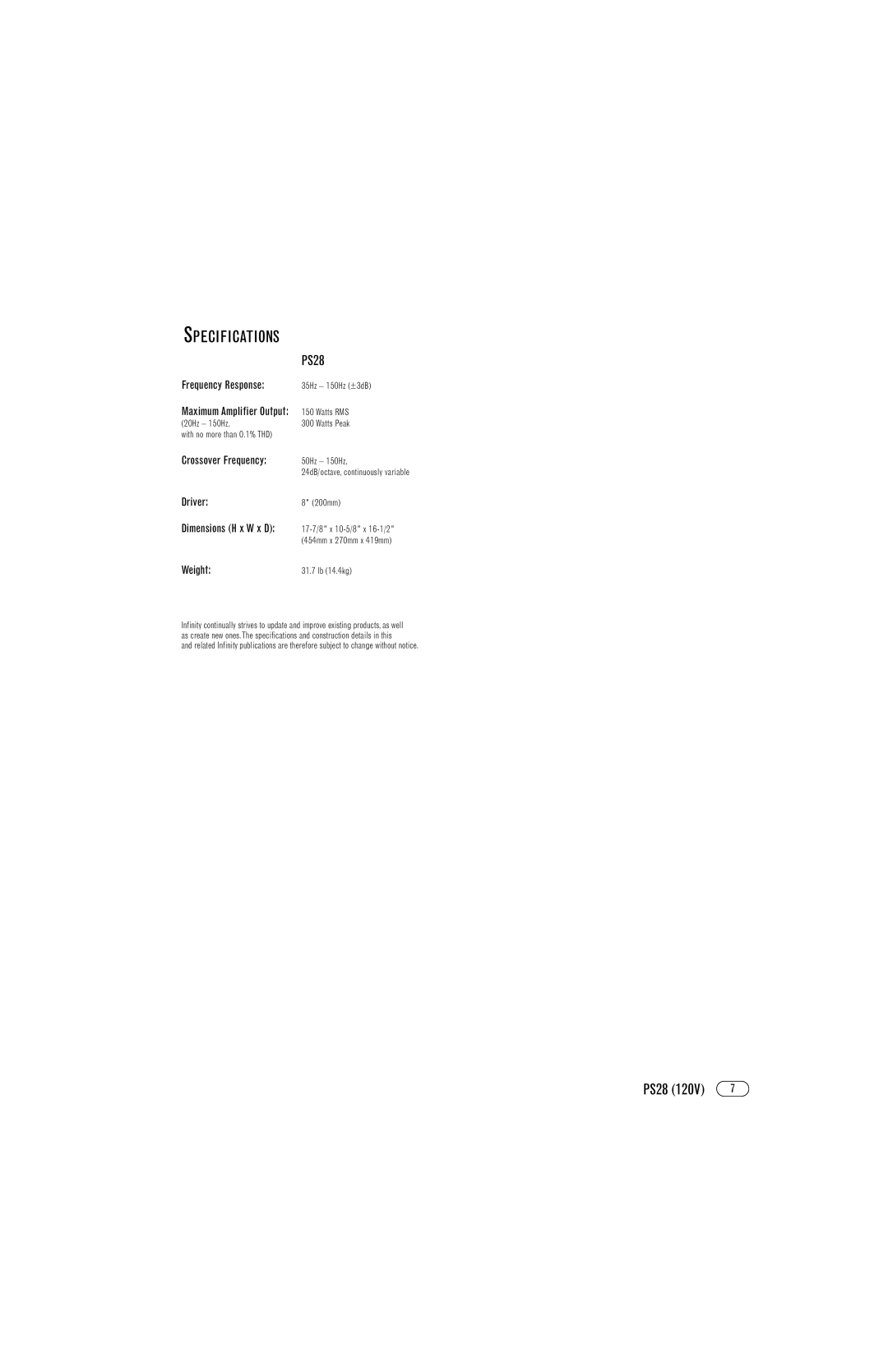 Infinity PS28 manual Specifications 