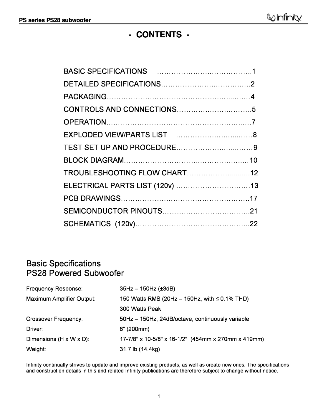 Infinity service manual Contents, Basic Specifications PS28 Powered Subwoofer 