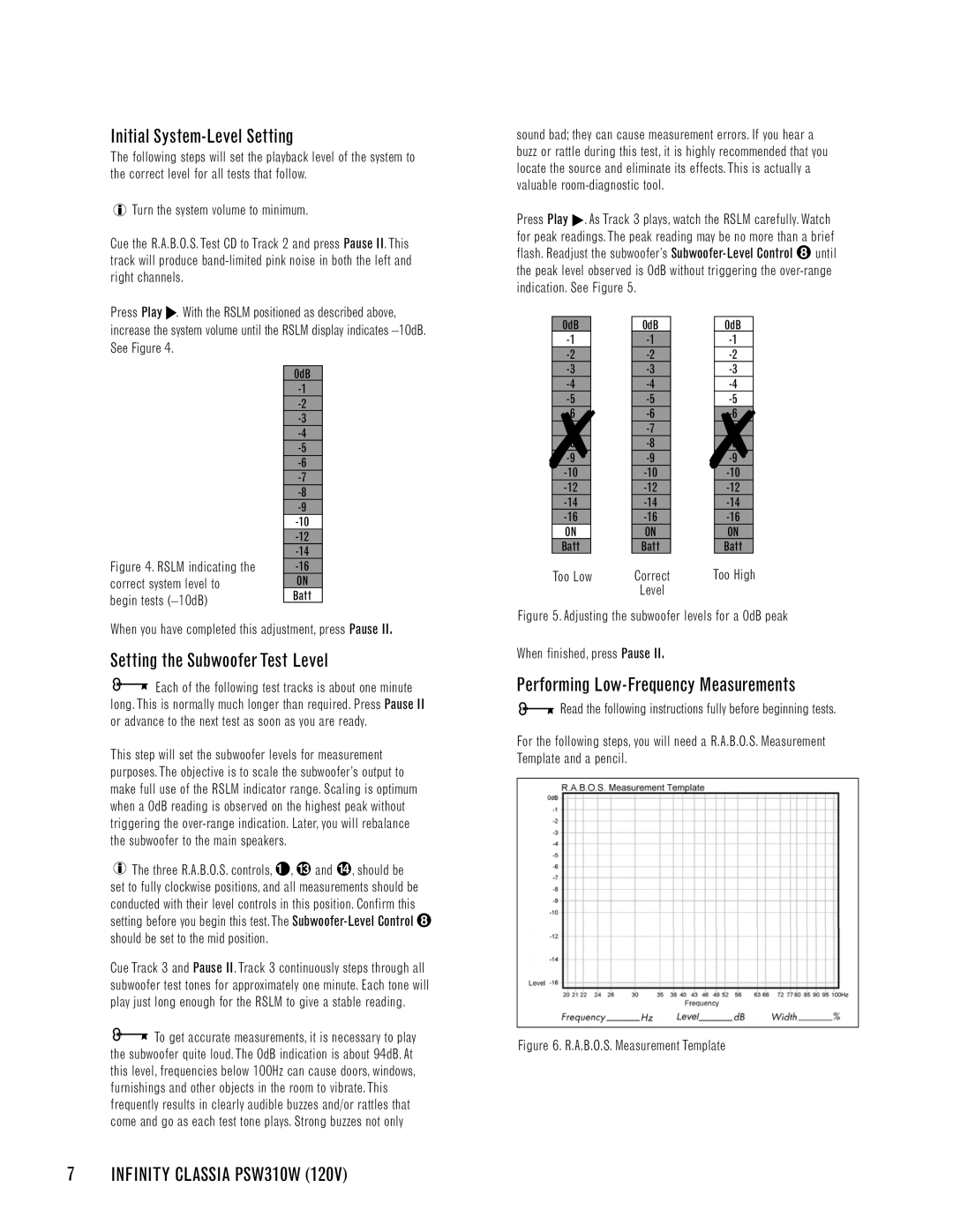 Infinity PSW310W Initial System-Level Setting, Setting the Subwoofer Test Level, Performing Low-Frequency Measurements 