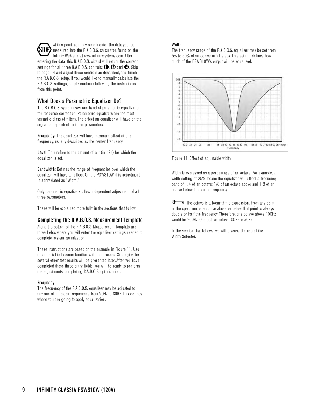 Infinity PSW310W manual What Does a Parametric Equalizer Do?, Frequency, Width 