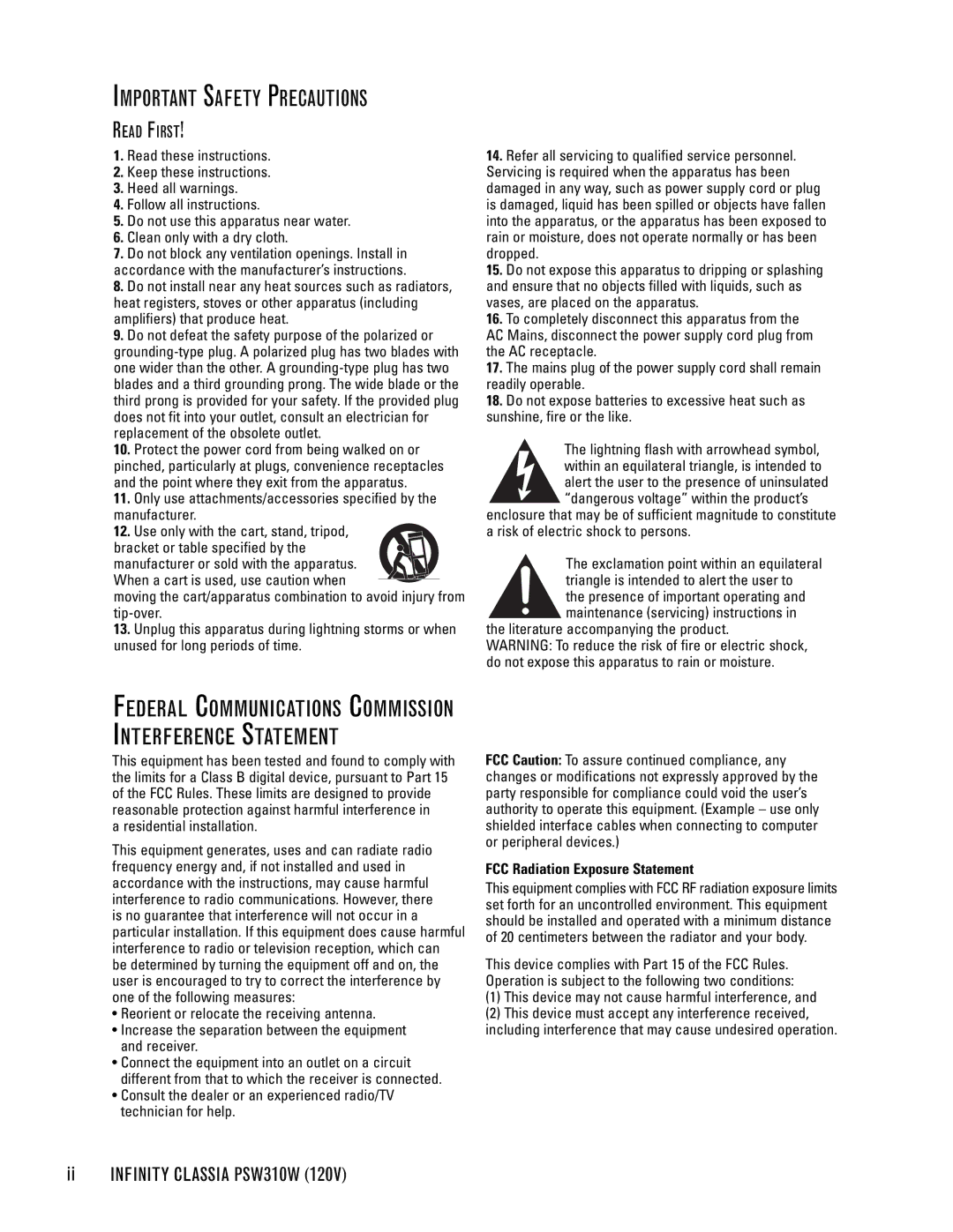 Infinity manual Important Safety Precautions, Ii Infinity Classia PSW310W 