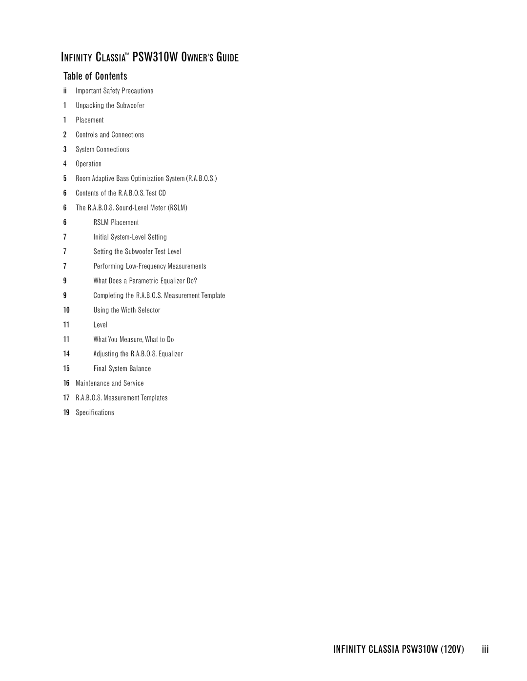 Infinity PSW310W manual Table of Contents 