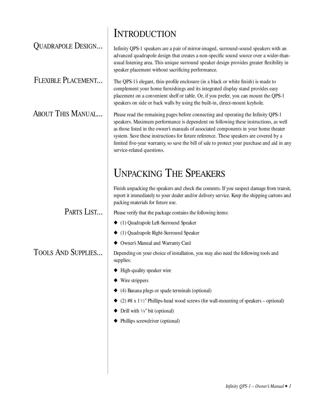 Infinity QPS1 owner manual Introduction, Unpacking the Speakers 