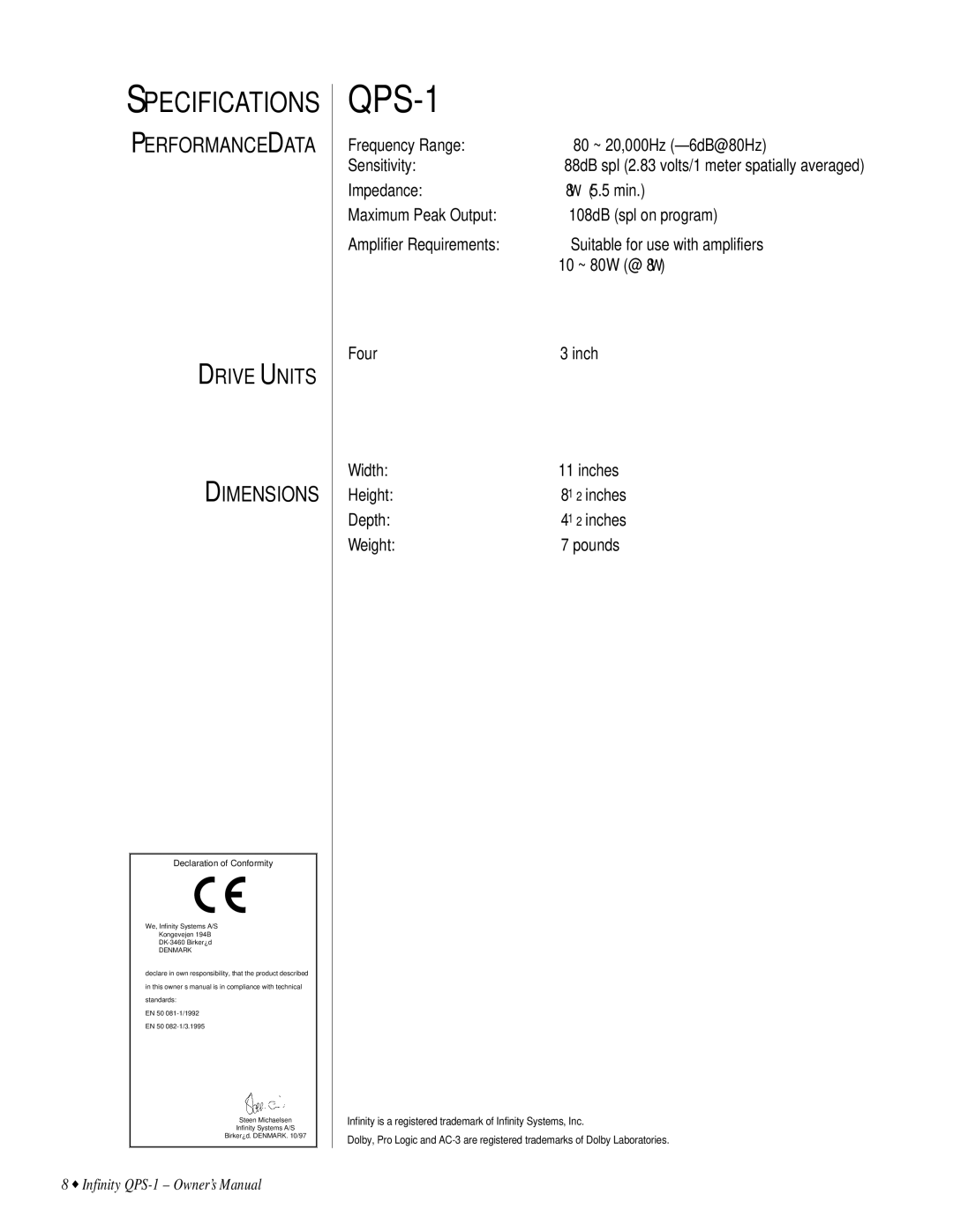 Infinity QPS1 owner manual QPS-1 