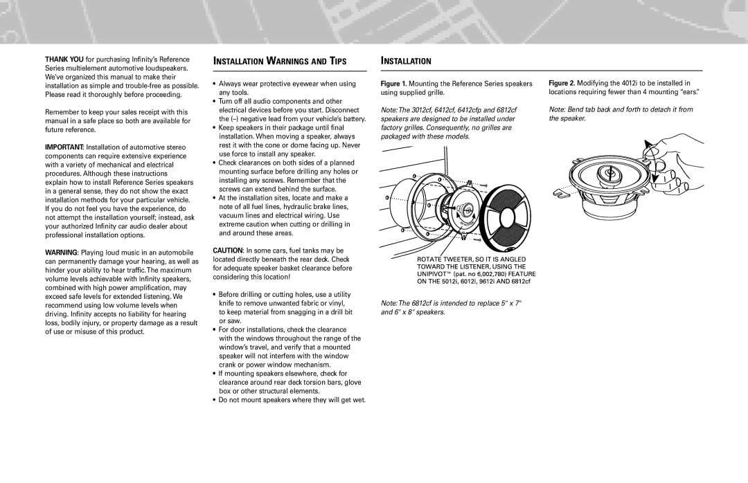 Infinity 9613i, 9612i, 6812cf Installation Warnings and Tips, Mounting the Reference Series speakers using supplied grille 