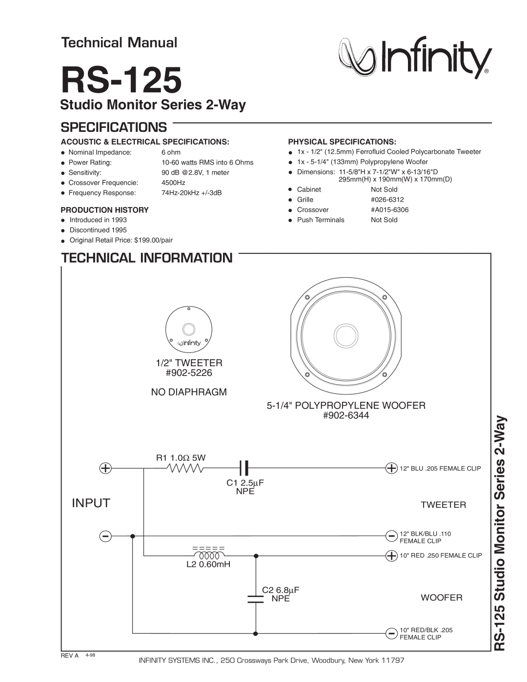 Infinity RS-125 technical manual Technical Manual, Studio Monitor Series 2-Way, Specifications, Technical Information 