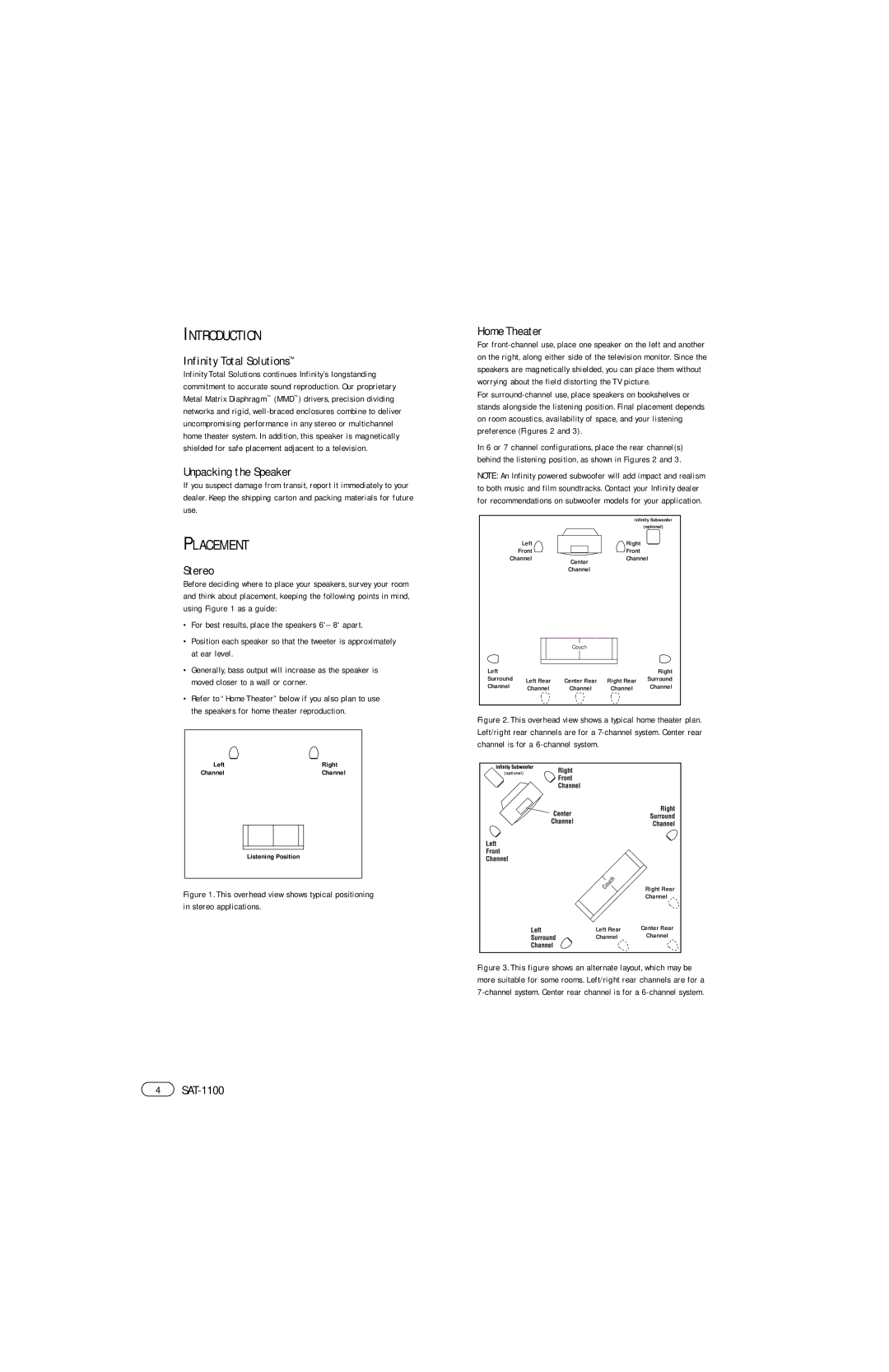 Infinity SAT-1100 manual Introduction, Placement 