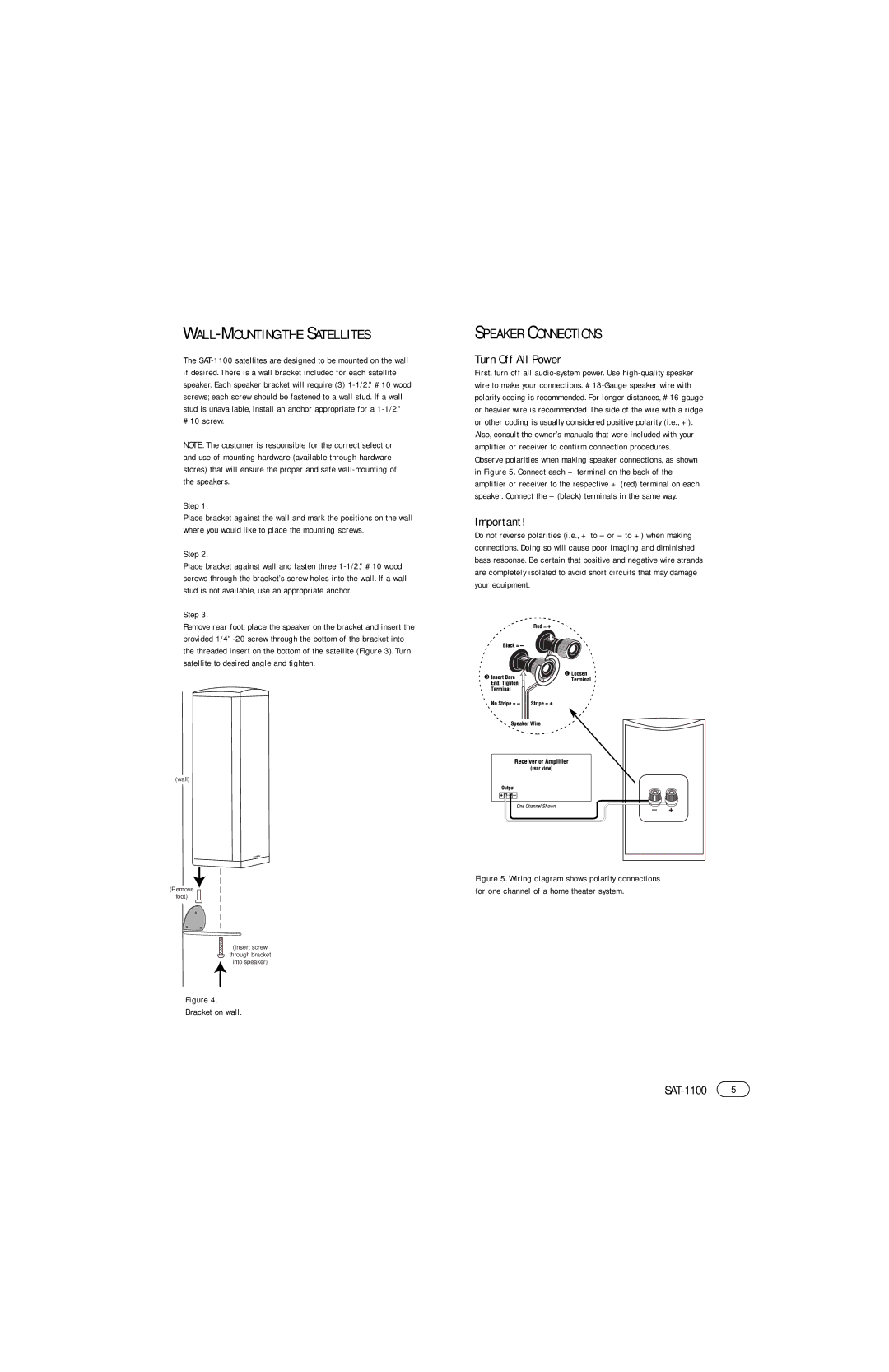 Infinity SAT-1100 manual Speaker Connections, Turn Off All Power 