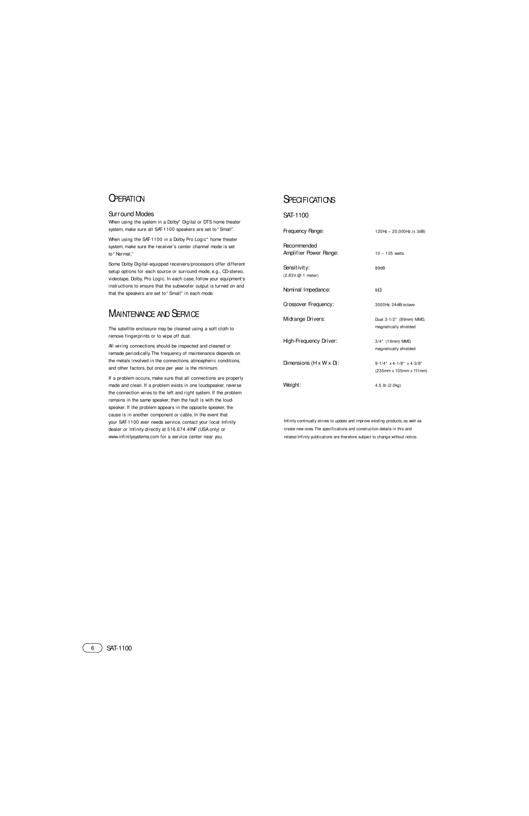 Infinity SAT-1100 manual Operation, Maintenance and Service, Specifications, Surround Modes 